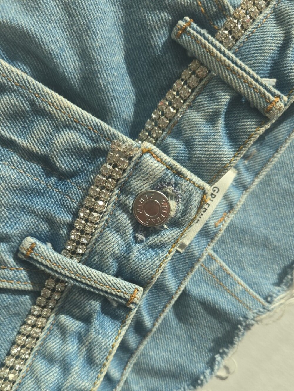 GRLFRND Washed Blue Denim Mini Skirt with Rhinestone Waist Chain - Picture 7 of 9